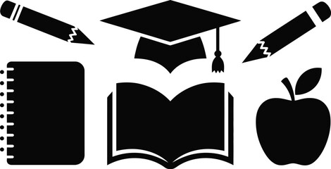 A black and white image featuring education related items like a book, pencil, apple, and graduation cap