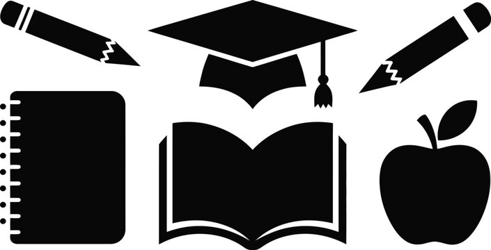 A black and white image featuring education related items like a book, pencil, apple, and graduation cap