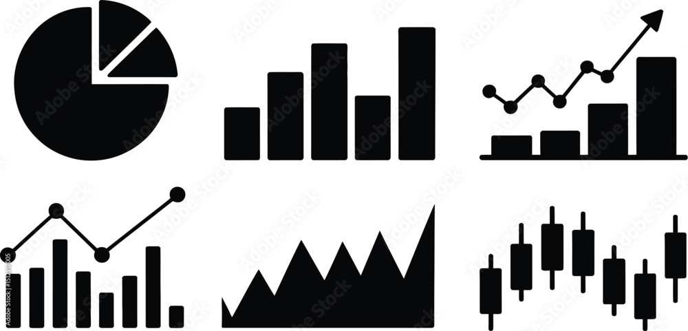 Poster a collection of six different types of black and white charts and graphs on a white background