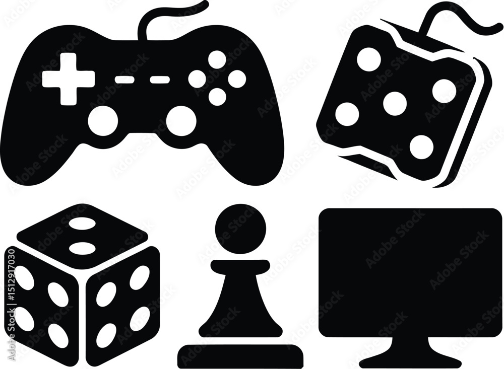 Poster a collection of gaming icons including a controller dice chess piece and monitor on a light backgrou