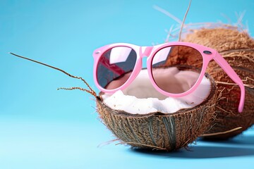 premium quality picture of Coconut wear sunglasses isolated, Summer concept