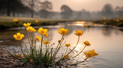 Tranquil Sunrise Reflecting on Water with Wildflowers