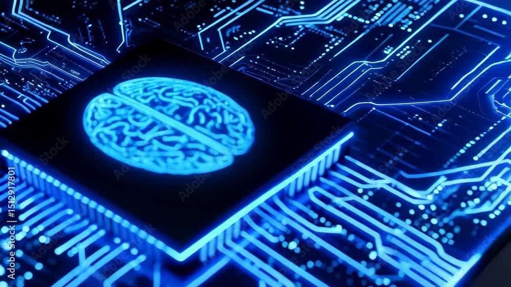 Poster artificial intelligence concept with glowing brain shape on microchip, neural network futuristic tec