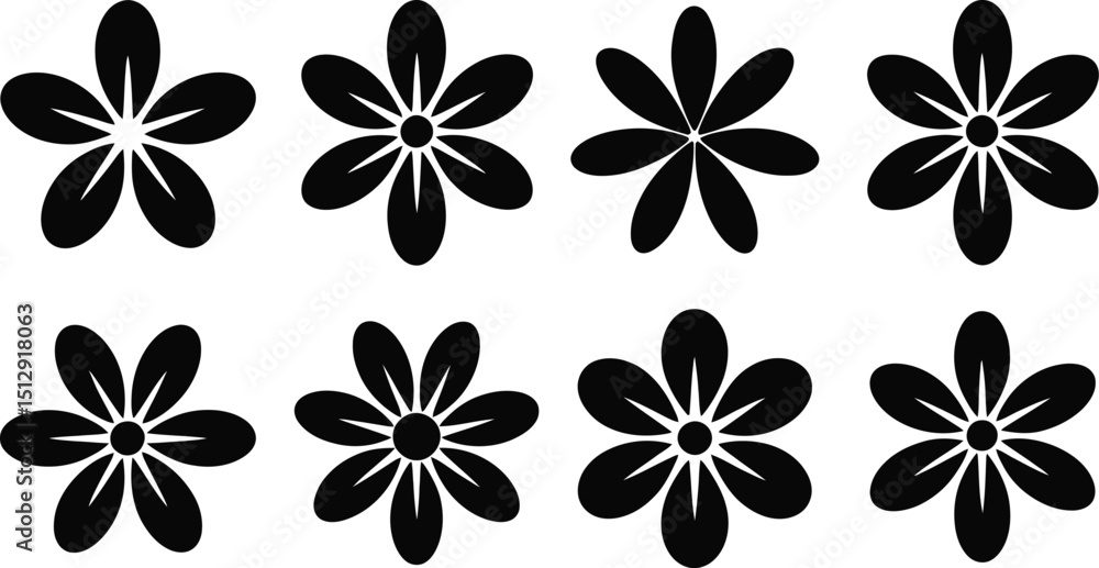 Poster eight black flower icons with varying petal counts arranged on a white background in a symmetrical p