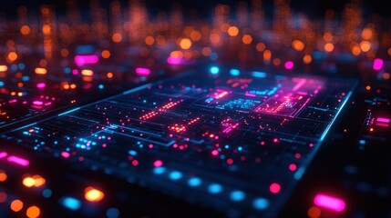 Futuristic city circuit board interface, glowing with vibrant neon colors