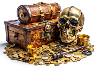 Pirate Still Life - Treasure Chest, Skull, Gold Coins, Antique Items