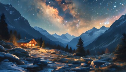 Stargazing retreat cozy cabin in the mountains nighttime landscape nature's serenity peaceful viewpoint cosmic wonder