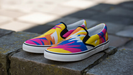 A pair of colorful slip-on sneakers photographed on a textured gray stone surface