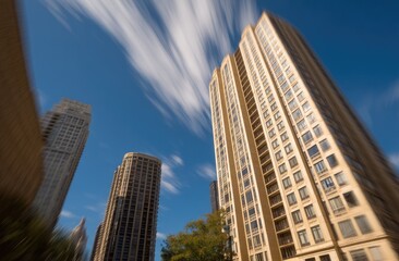 Fototapeta premium Upward View of Skyscrapers Against Blue Sky
