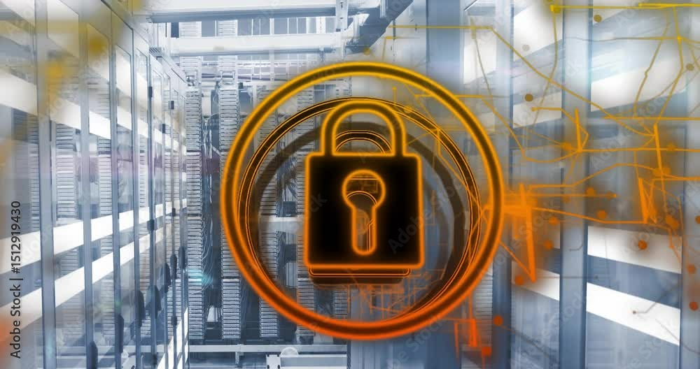 Poster padlock icon appearing while animating rings outward on racks, network nodes glowing for security