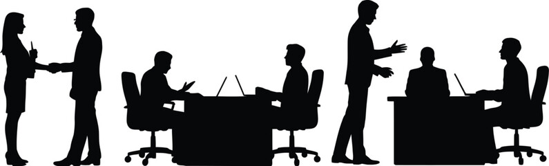 Silhouette of business people in meetings and negotiations with laptops and handshakes on white background