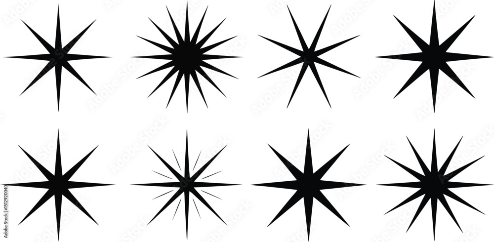 Poster a collection of eight black starbursts with varying numbers of points arranged in two rows on white