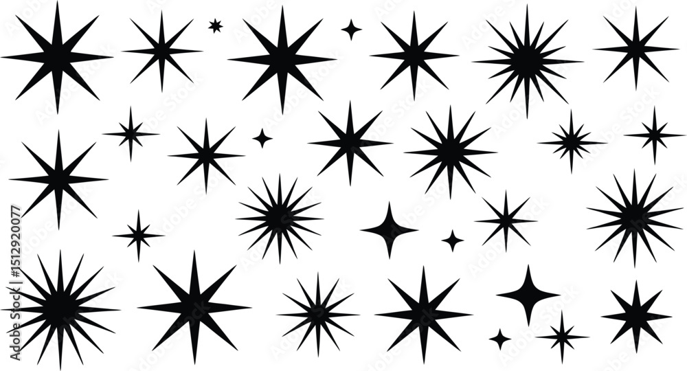 Poster a pattern of black star shapes with varying points scattered across a white background in a seamless