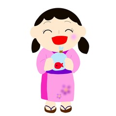 Fototapeta premium 金魚をすくえて大喜びする子ども