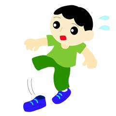 玄関で靴を履きながらバランスを崩す男の子