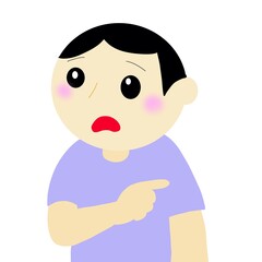 指をさして不思議そう、不満そうにする男性