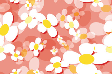 Seamless floral pattern with white and yellow daisy flowers, a beautiful spring nature illustration design pink background
