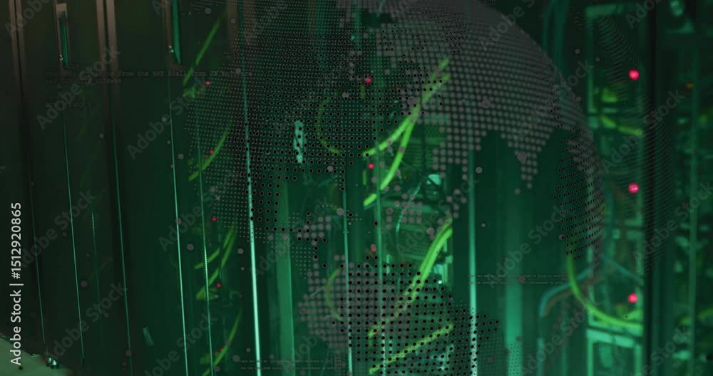 Poster dotted map overlay emerging over server rack, rotating with pulsing leds illustrating connectivity