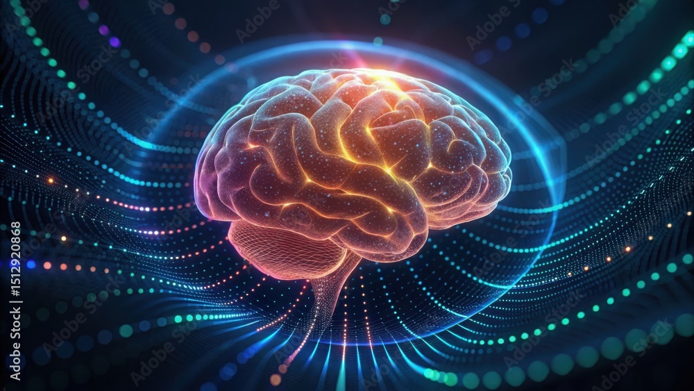 Poster Conceptual Data Interface with Pulsing Brain and Vibrant Waves