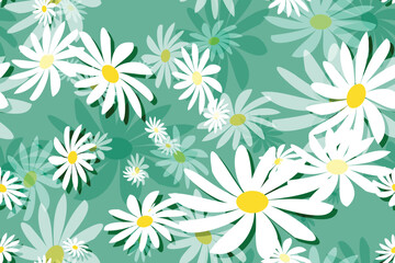 Seamless floral pattern with White daisy camomiles, perfect for spring and summer nature-inspired designs Green Background