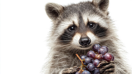 Obraz premium Adorable Raccoon Portrait Holding a Bunch of Grapes on a White Background Featuring its Distinctive Facial Markings and Expressive Eyes Perfect for Wildlife and Animal Lovers