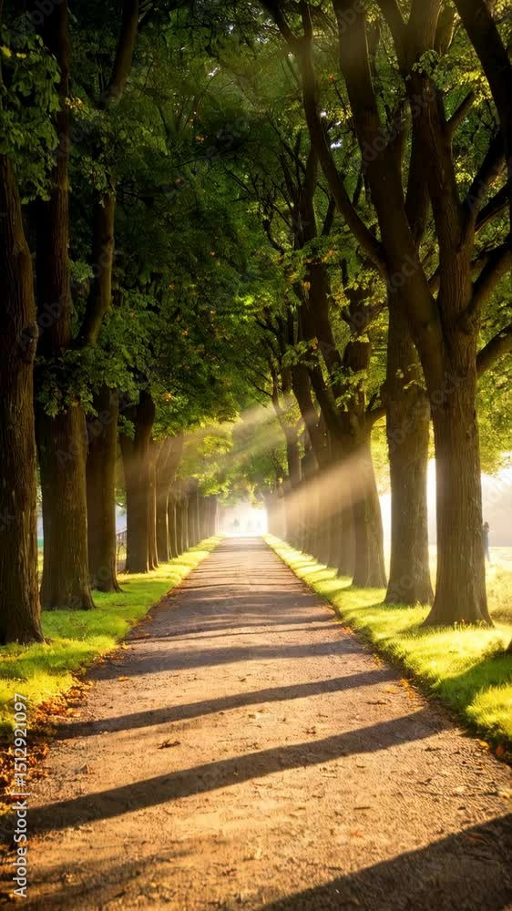 Poster sunlight filtering through a tree lined path with walkers in the distance, creates an idyllic scene,