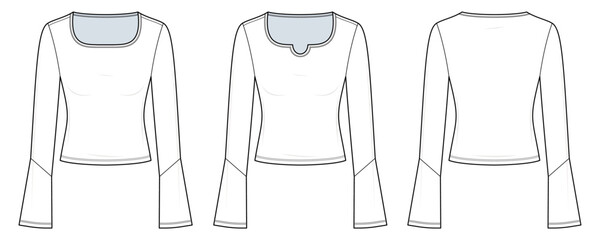 Bell-Sleeve Scoop Neck Top Technical Fashion Illustration. Two Front Design Styles. Decorative Neckline Variation. Women’s Fitted Knitwear. Front and Back Views. CAD Mockup Set.