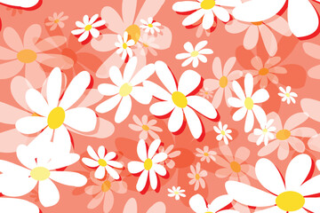 Seamless floral pattern with white and yellow daisy flowers, a beautiful spring nature illustration design pink background