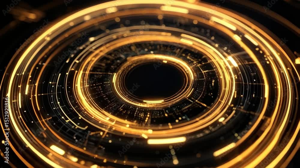 Poster abstract golden rings rotating around a black center, data stream and digital information flow motio