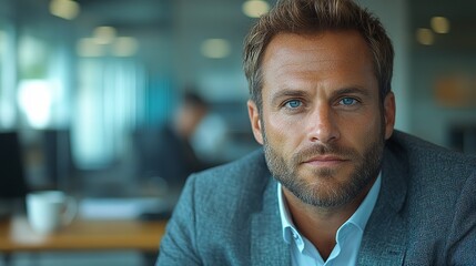 Fototapeta premium Close up portrait of a man with blue eyes and a grey suit in an office setting with blurred background