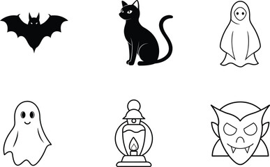 Haunted Halloween Elements Line Art Set.