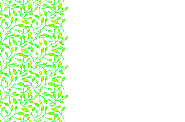 Seamless pattern of green leaves in minimalist style. Natural and fresh frame of green leaves. Nature-themed background with green leaves. Seamless leaf texture design on half frame. Space to text.