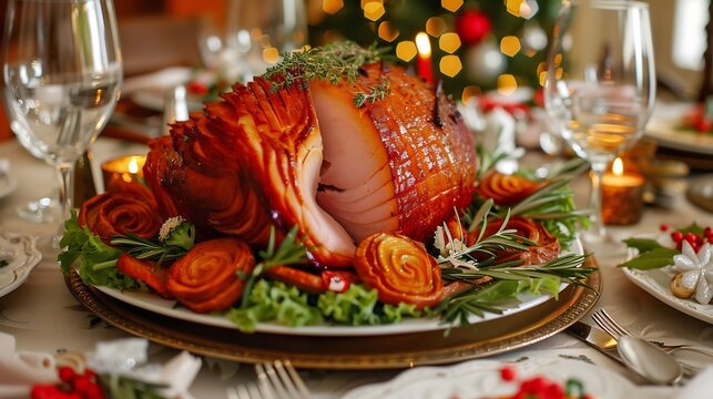 Festive holiday dinner table with a glazed ham centerpiece roasted vegetables and elegant table settings