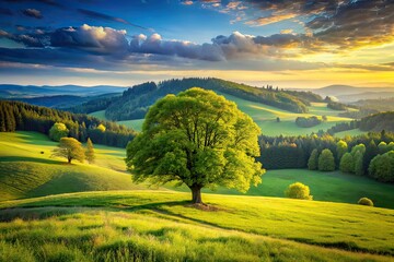 Solitary Tree Meadow, Peaceful Landscape, Forest Hills AI Photo