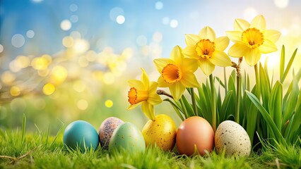 Fototapeta premium Spring Daffodils and Speckled Eggs - Sunny Field