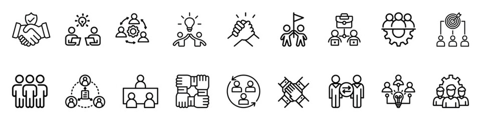 Teamwork icon set in line style. Business team icon. Containing collaboration, agreement, cooperation, people, achievement, partnership, unity, handshake, help, management, working together vector.