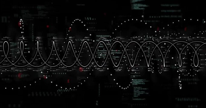 At start dotted sine wave tracing oscillations, drifting amid pulsing code panels showing data