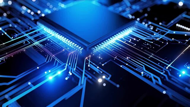 Illuminated computer chip on electronic circuit board, depicting complex data processing, with digital fiber optics and blue glowing light effects.