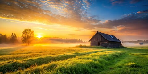 Sunrise Meadow Misty Morning Countryside Architecture