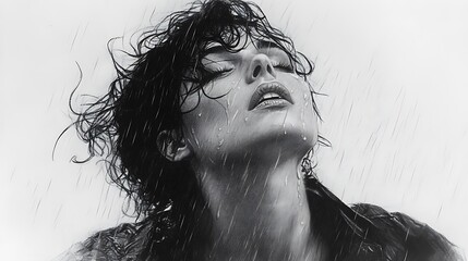 Fototapeta premium A dramatic pencil sketch of a woman with wet, curly hair clinging to her face, strong expression of defiance, rain implied in background strokes. Created Using: expressive graphite textures,