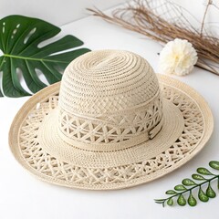 straw hat on the palm tree
