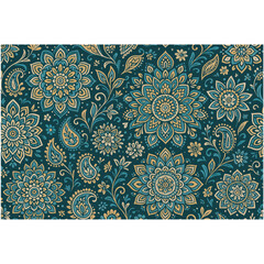Seamless floral paisley mandala pattern in gold and teal tones. Elegant ornamental vector for textile, wallpaper, packaging, invitations, and luxury design themes. Ideal for premium microstock needs.