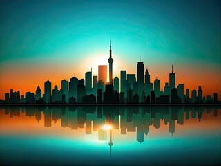 Obraz premium Surreal Skyline Silhouette Sunset Gradient Cityscape AI Art