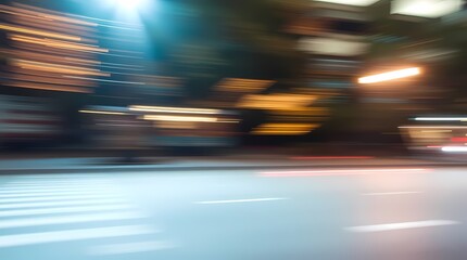 A blurred image of a city street at night with streaks of light from cars and streetlights. The image is shot from a low angle, looking towards the city skyline