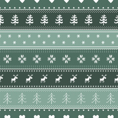 Christmas Striped Pattern with Deer, Fir Trees, Snowflake, Heart. Seamless Print. Christmas Background with Winter Elements. Merry Christmas, Happy New Year Design. Vector illustration in Green, White
