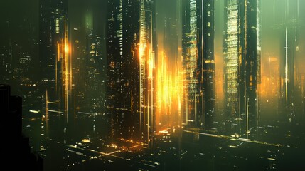 Futuristic city at night, glowing lights