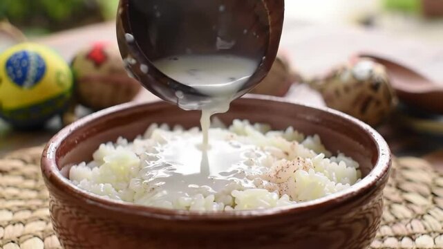 Coconut Milk Pouring Over Arroz Doce &ndash; Macro Sweet Detail