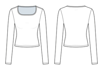 Fitted Long-Sleeve Scoop Neck Top Technical Fashion Illustration. Women’s Shirt Vector Template. Cropped Silhouette. Clean Finish Hems. Stretch Knitwear. Front and Back View. CAD Mockup Set.