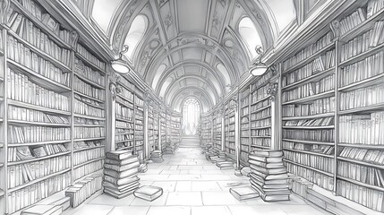 A pencil sketch of a grand magical archive, ancient tomes packed wall-to-wall, single floating candle illuminating the shelves. Background shows curved ceiling of domed library.