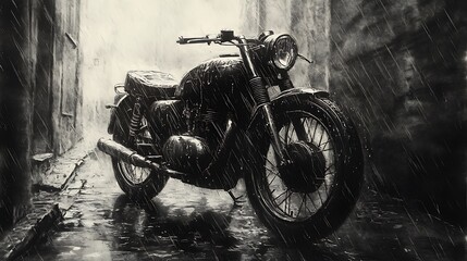 A pencil sketch of a vintage motorcycle covered in raindrops, sitting in a narrow stone alley during a light drizzle, background blurred with soft streaks of rain.
